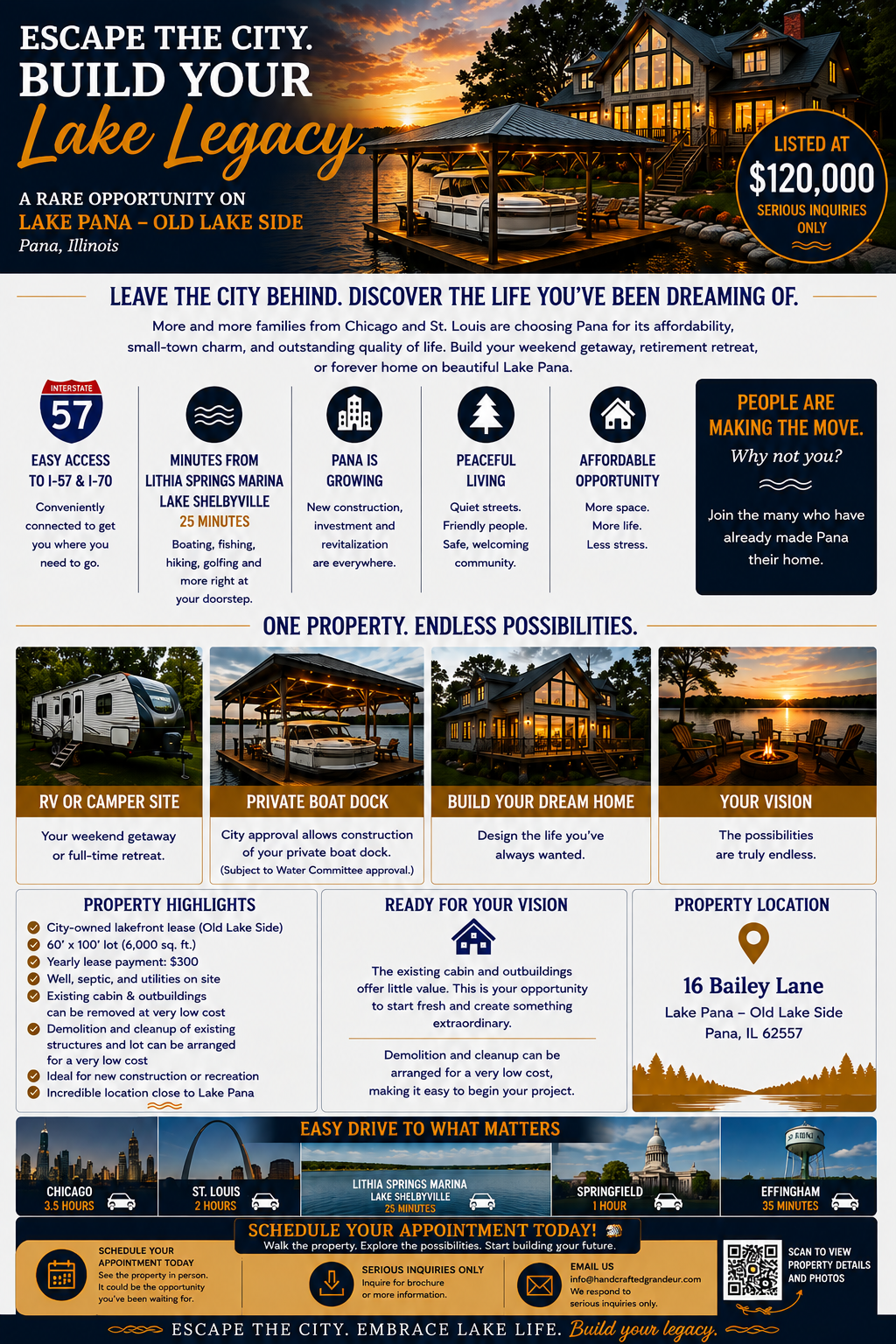Full Lake Pana property promotional brochure for 16 Bailey Lane